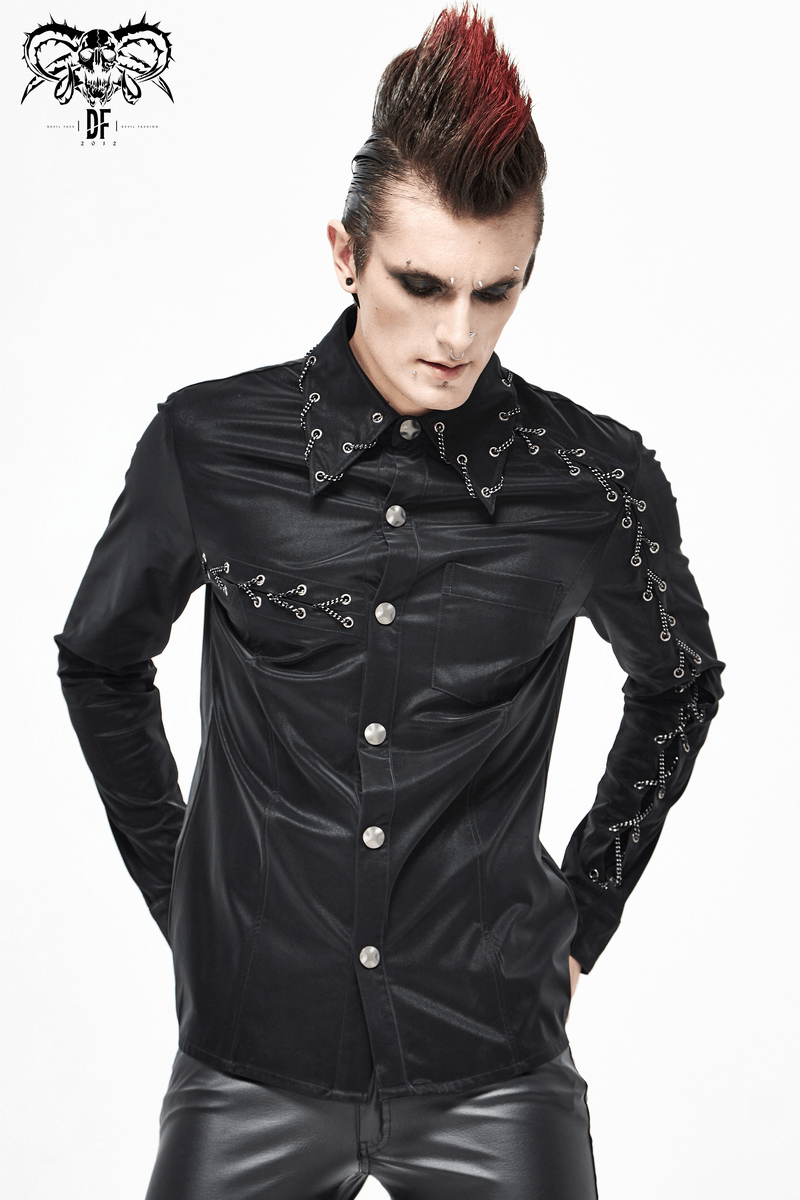 Punk rock long sleeve black shirt for men, featuring decorative chains and stylish button-down design.