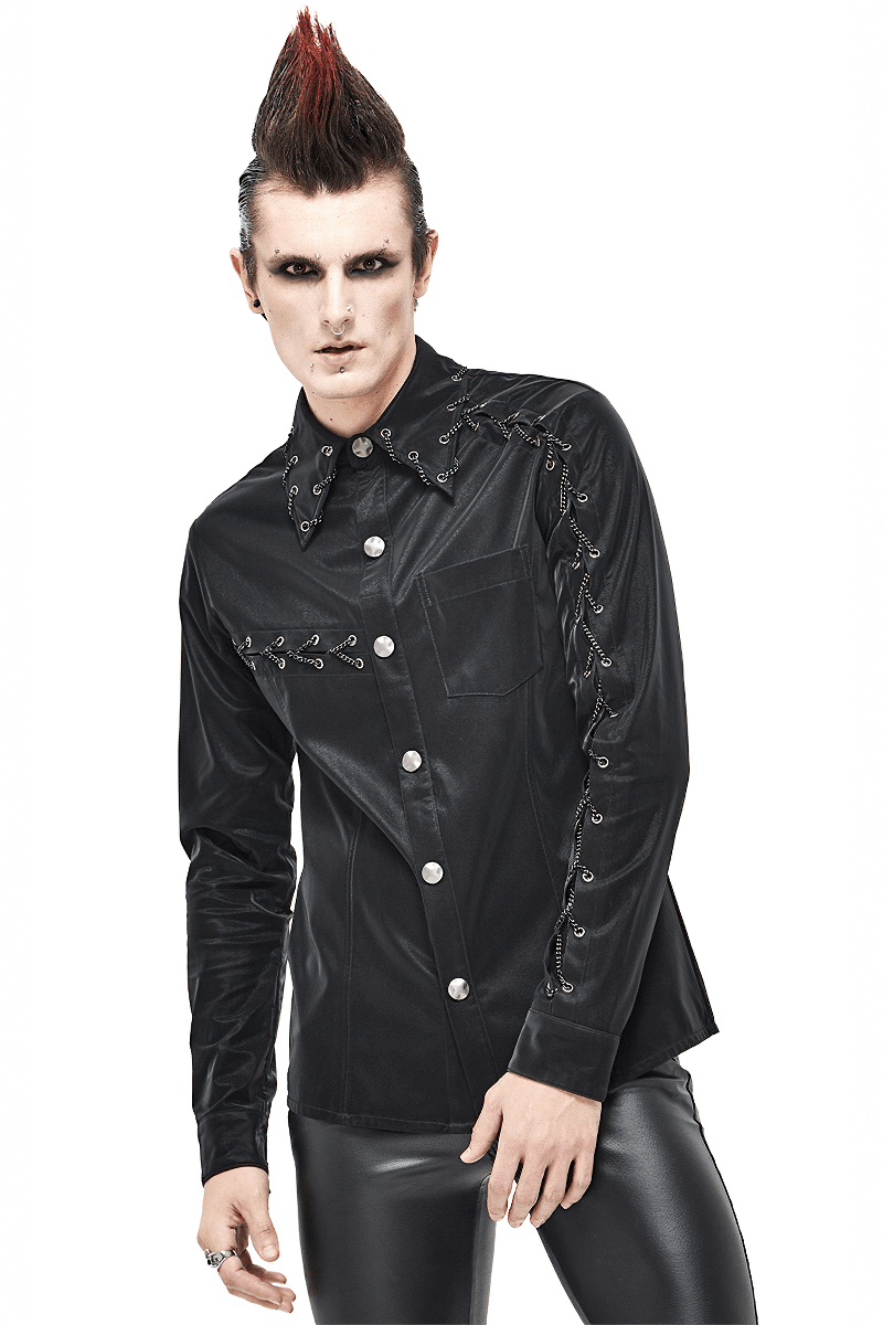 Punk Rock Back Long Sleeve Shirt For Men / Male Shiny Shirts with Chains - HARD'N'HEAVY