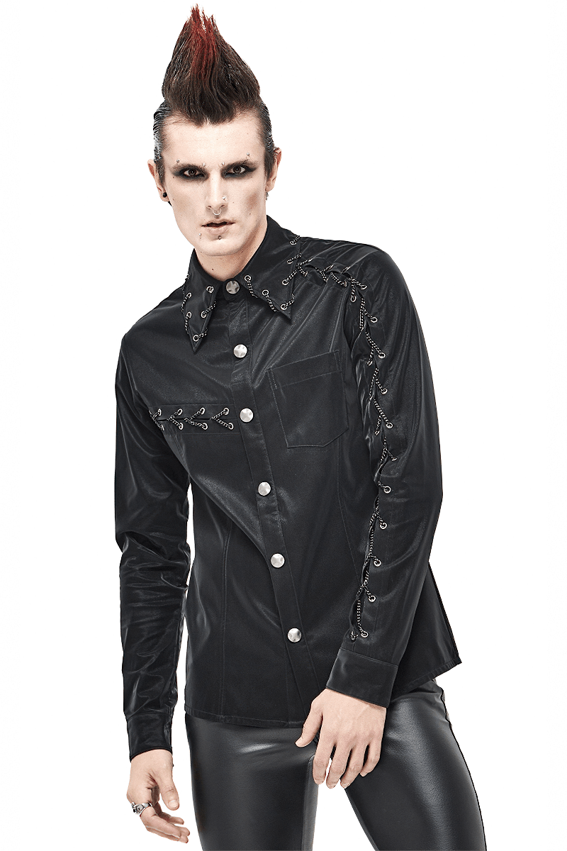Stylish black punk rock long sleeve shirt for men with decorative chains and a comfortable fit.