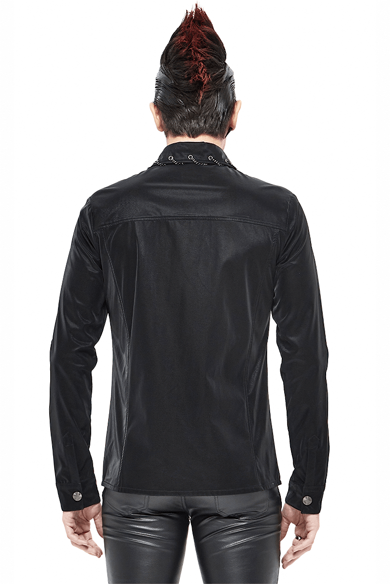 Stylish black punk rock long sleeve shirt for men, featuring decorative chain inserts and a comfortable fit.