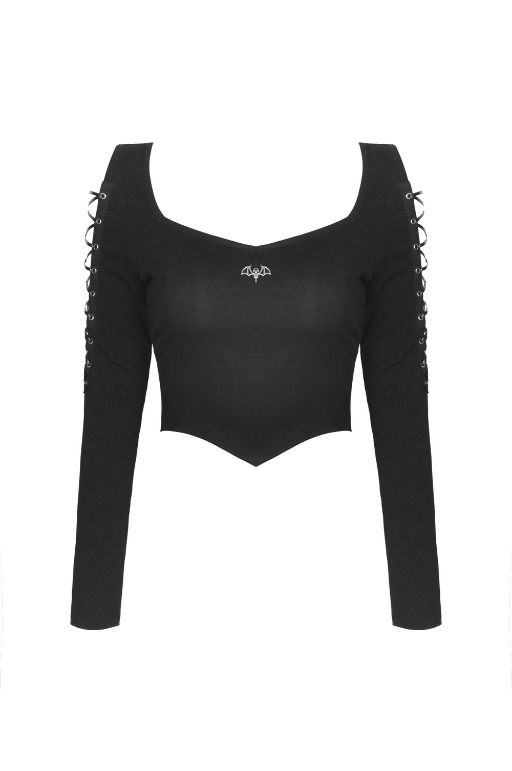 Edgy black batwing long sleeve lace-up crop top with a stylish design, perfect for punk rock fashion.