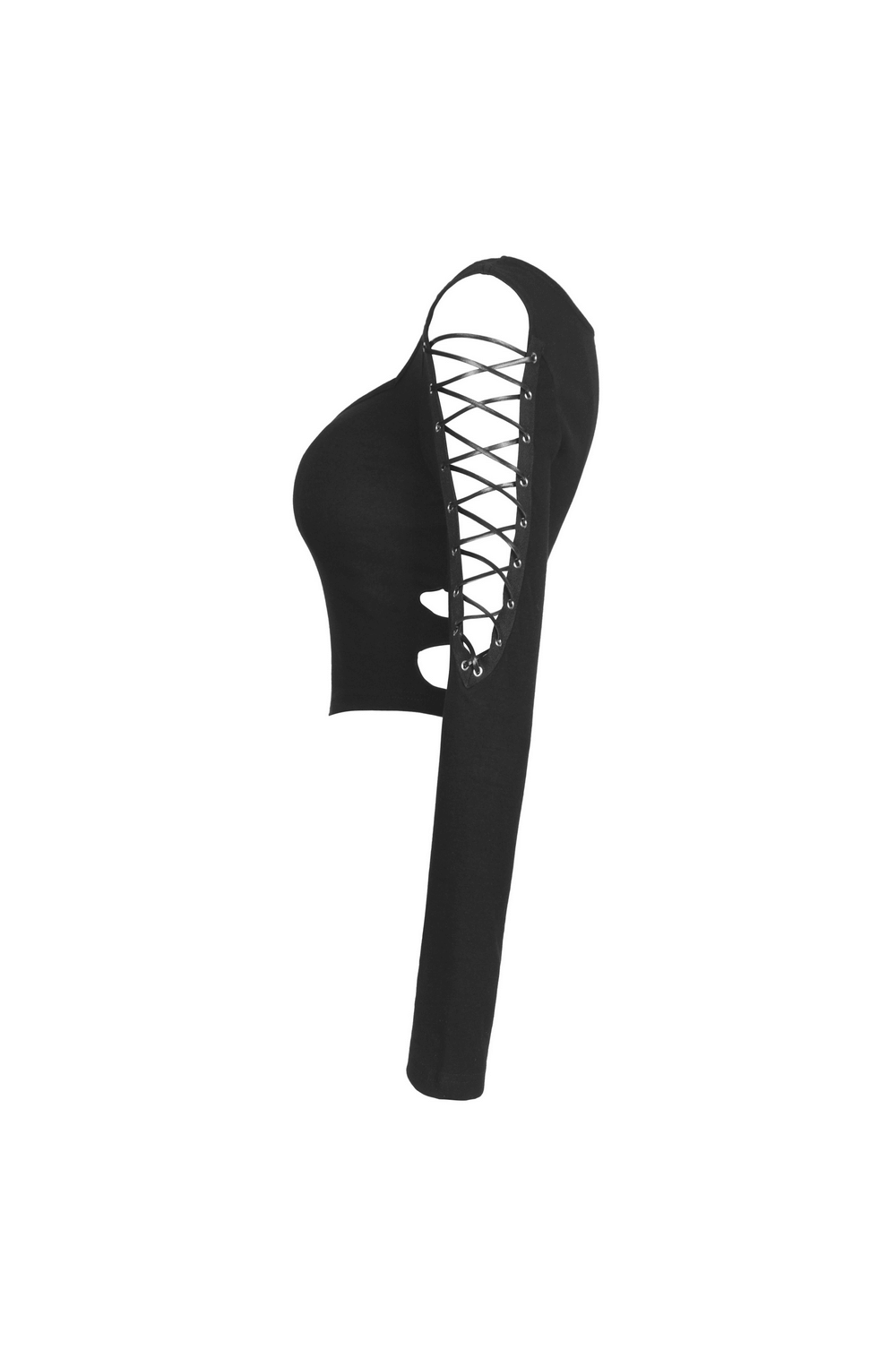 Edgy black batwing crop top with lace-up detailing, perfect for punk rock style and layering.