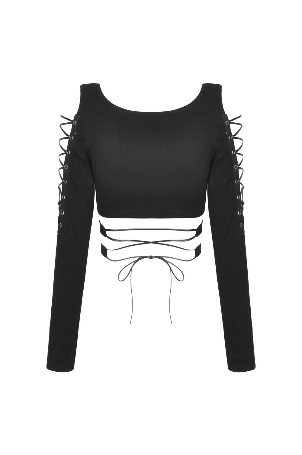 Edgy black batwing long sleeve crop top with lace-up details, perfect for a punk rock wardrobe.