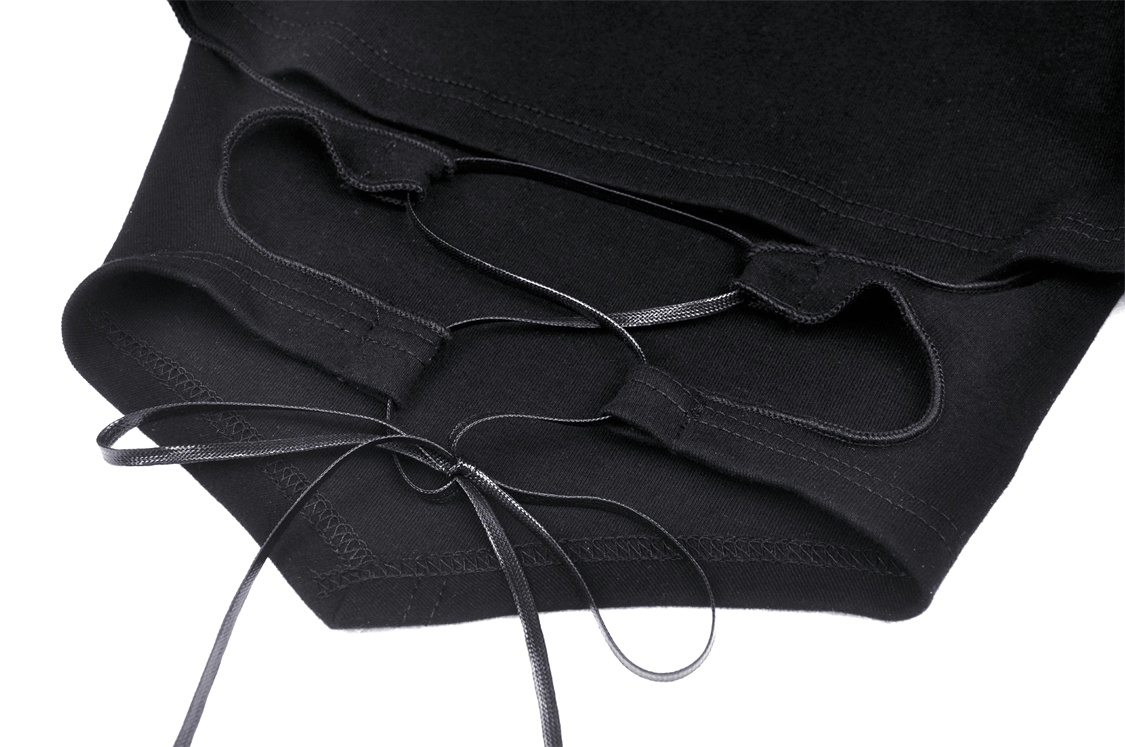 Close-up of lace-up detail on the black Punk Rock Batwing Crop Top showcasing trendy batwing sleeves.