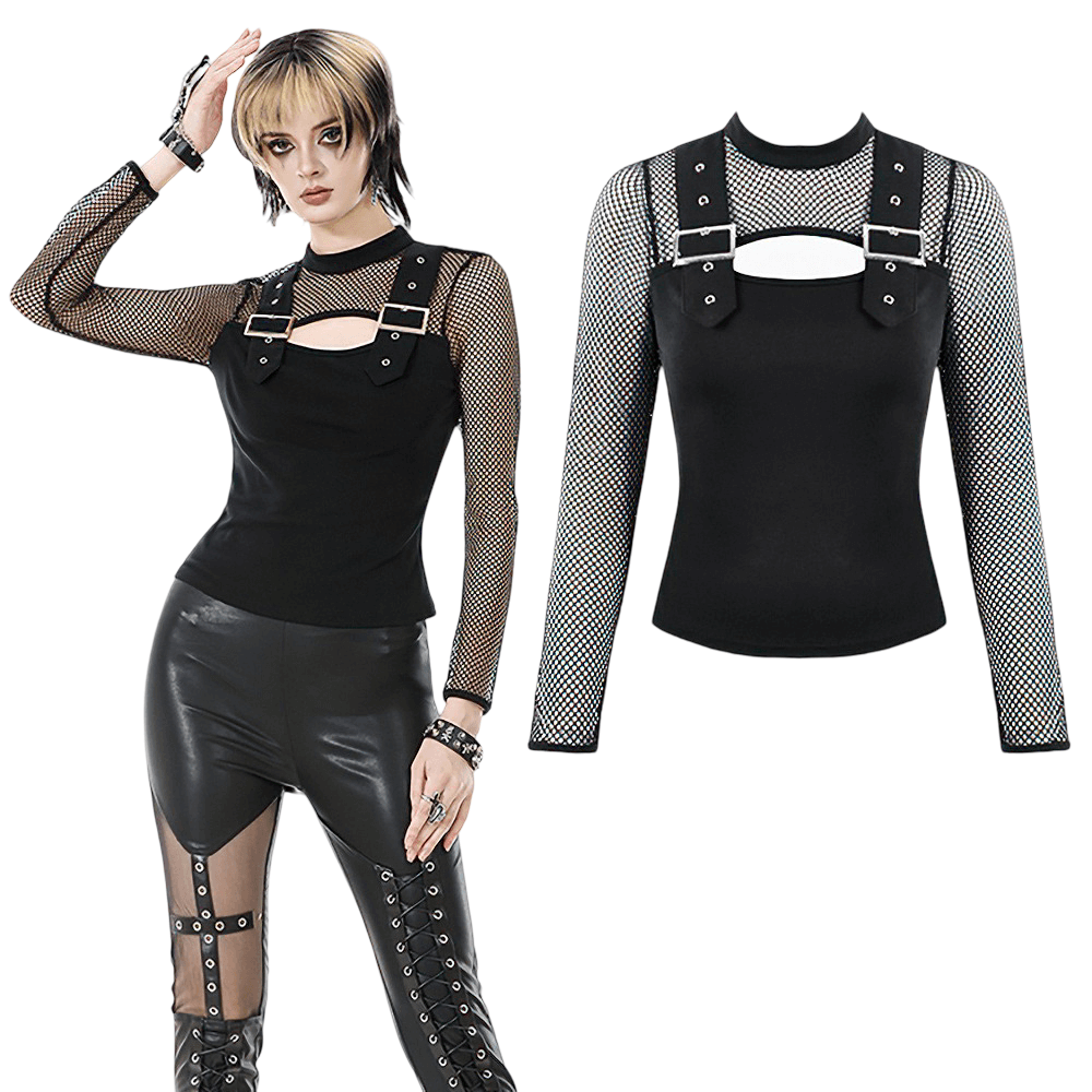 Punk Rock Black Fishnet Sleeved Top with Cutout and Straps showcasing edgy buckle strap details and dramatic fishnet sleeves.