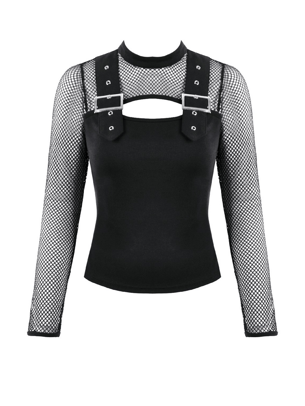 Punk Rock Black Fishnet Sleeved Top with Cutout and Straps featuring buckle strap detail.
