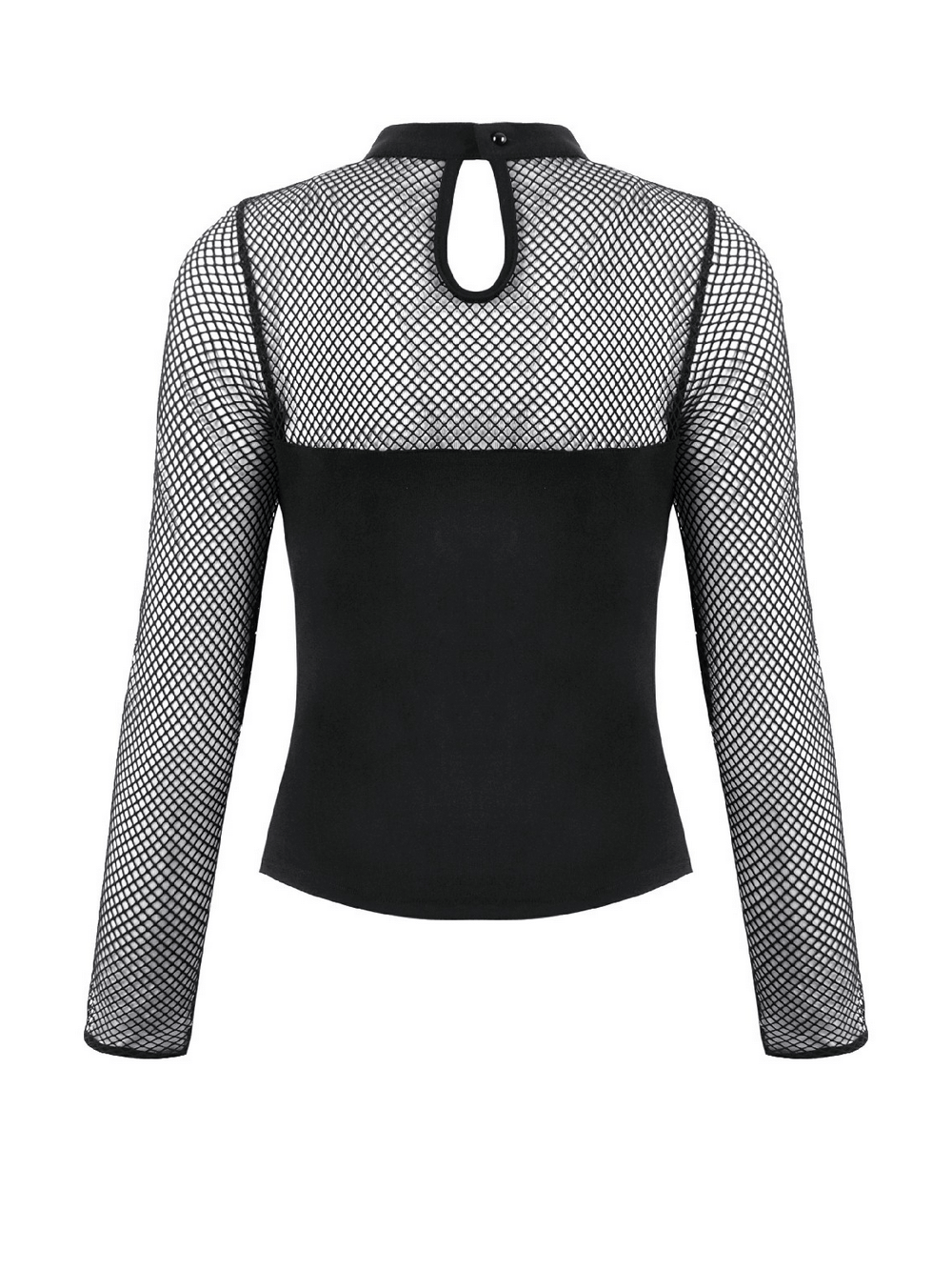 Punk Rock Black Fishnet Sleeved Top with Cutout and Straps back view showcasing fishnet sleeves and cutout detail.