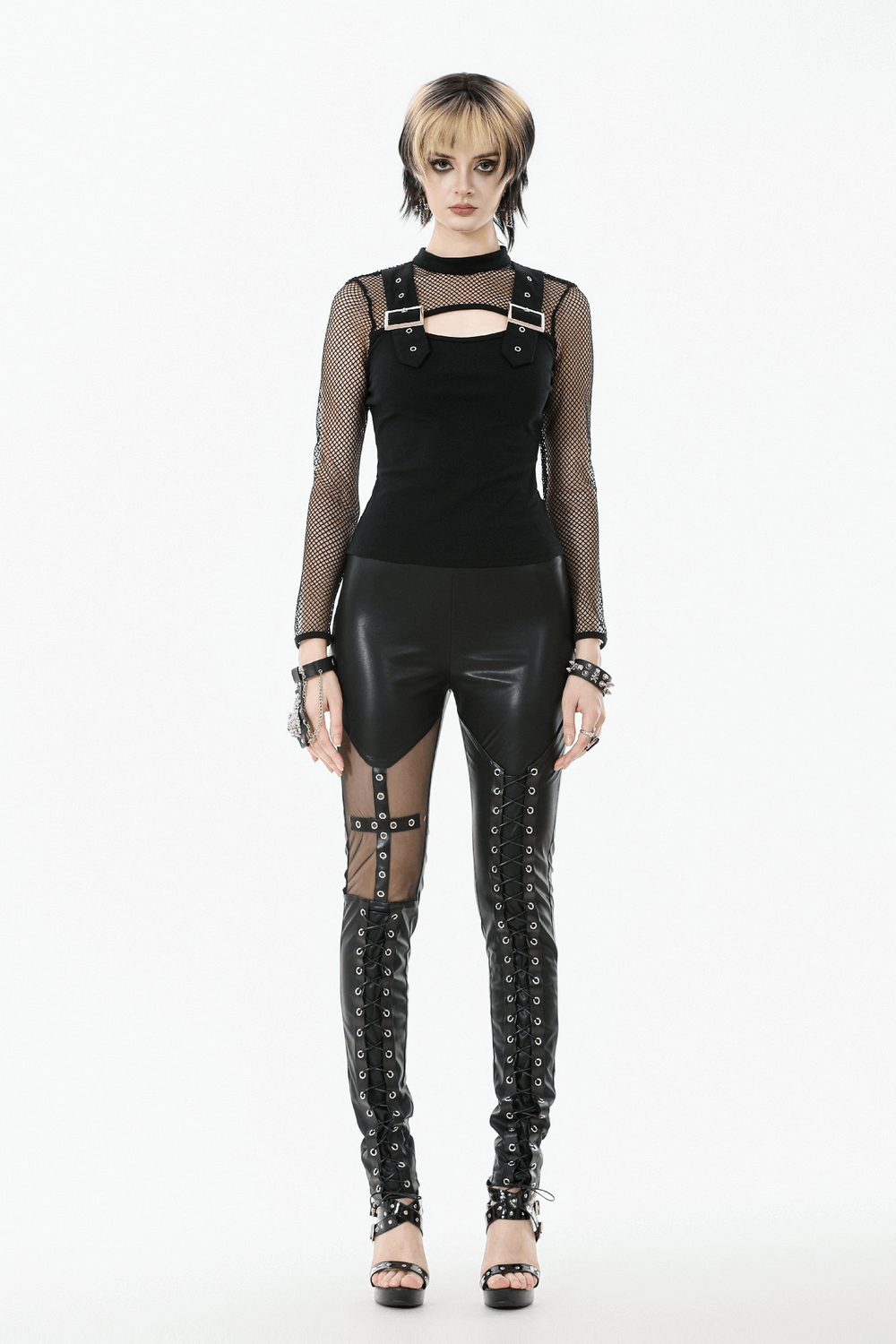 Punk Rock Black Fishnet Sleeved Top with Cutout and Straps paired with edgy black leather pants.