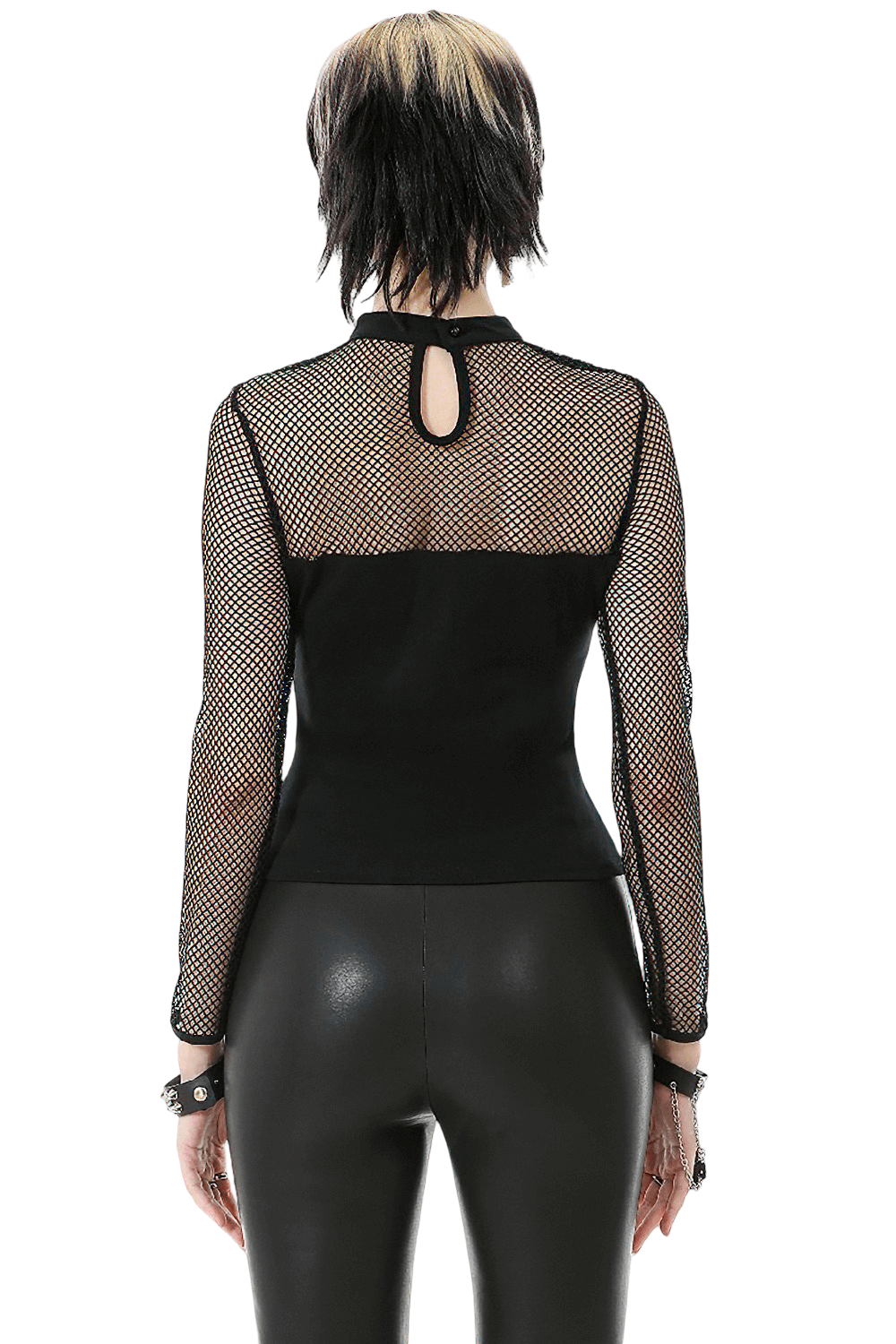 Punk Rock Black Fishnet Sleeved Top with Cutout and Straps, featuring dramatic fishnet sleeves and strap detail.