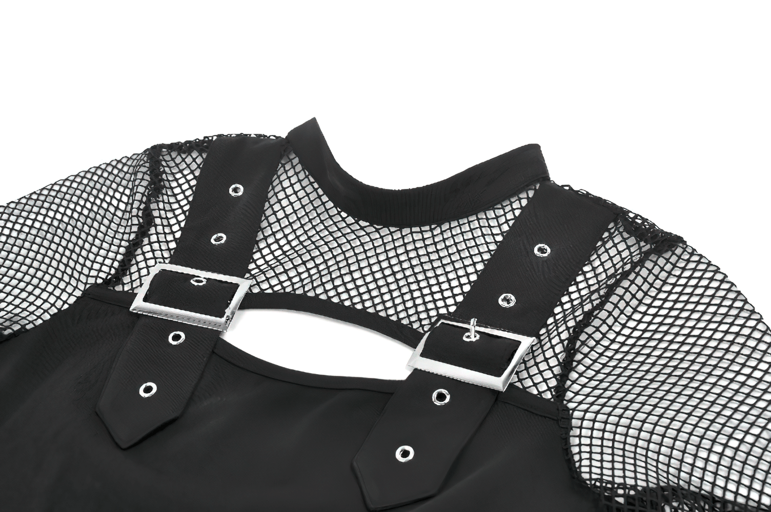 Punk Rock Black Fishnet Sleeved Top with Cutout and Straps featuring fishnet sleeves and buckle strap detail.
