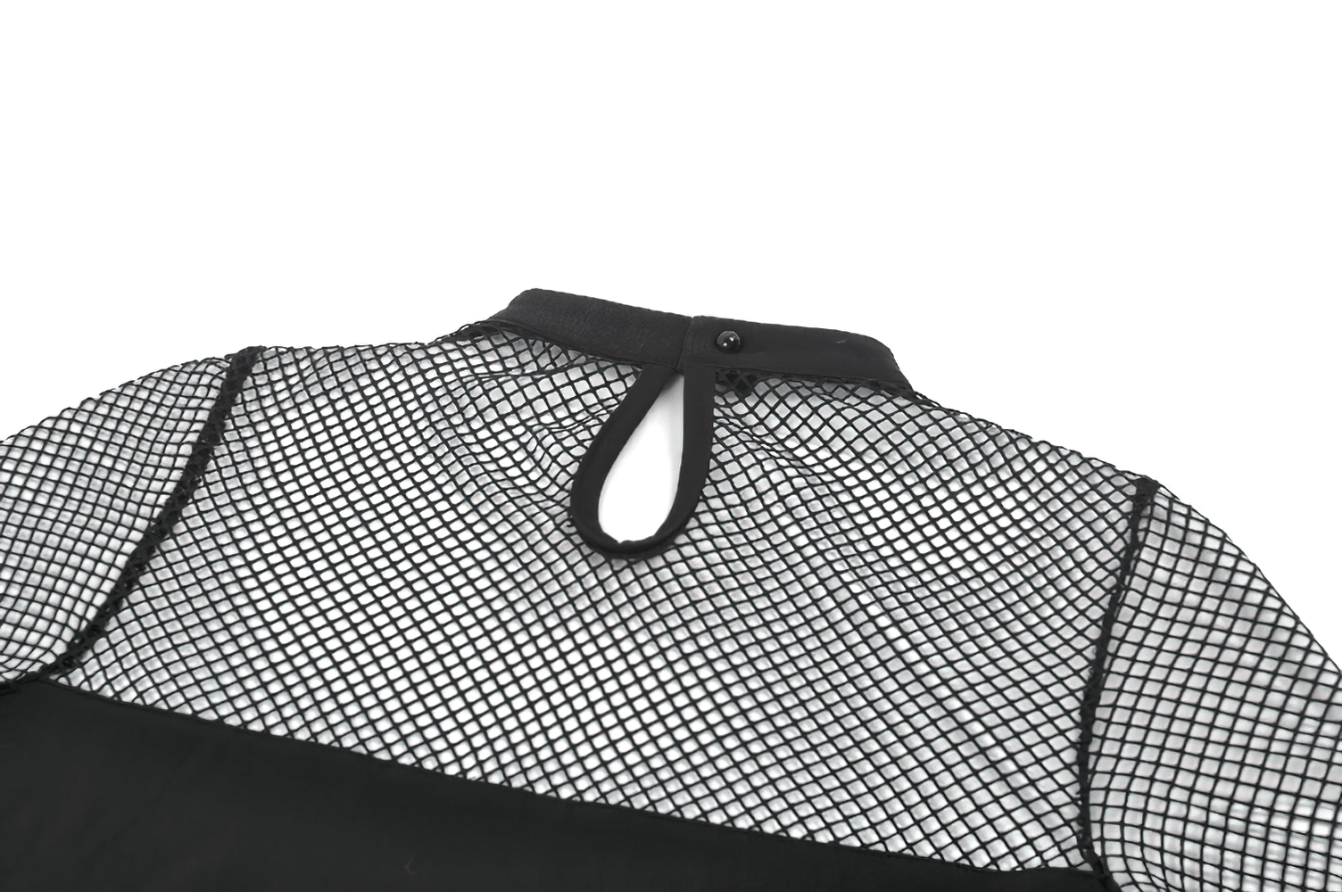 Punk Rock Black Fishnet Sleeved Top with Cutout and Straps - detailed view of fishnet sleeve and button closure