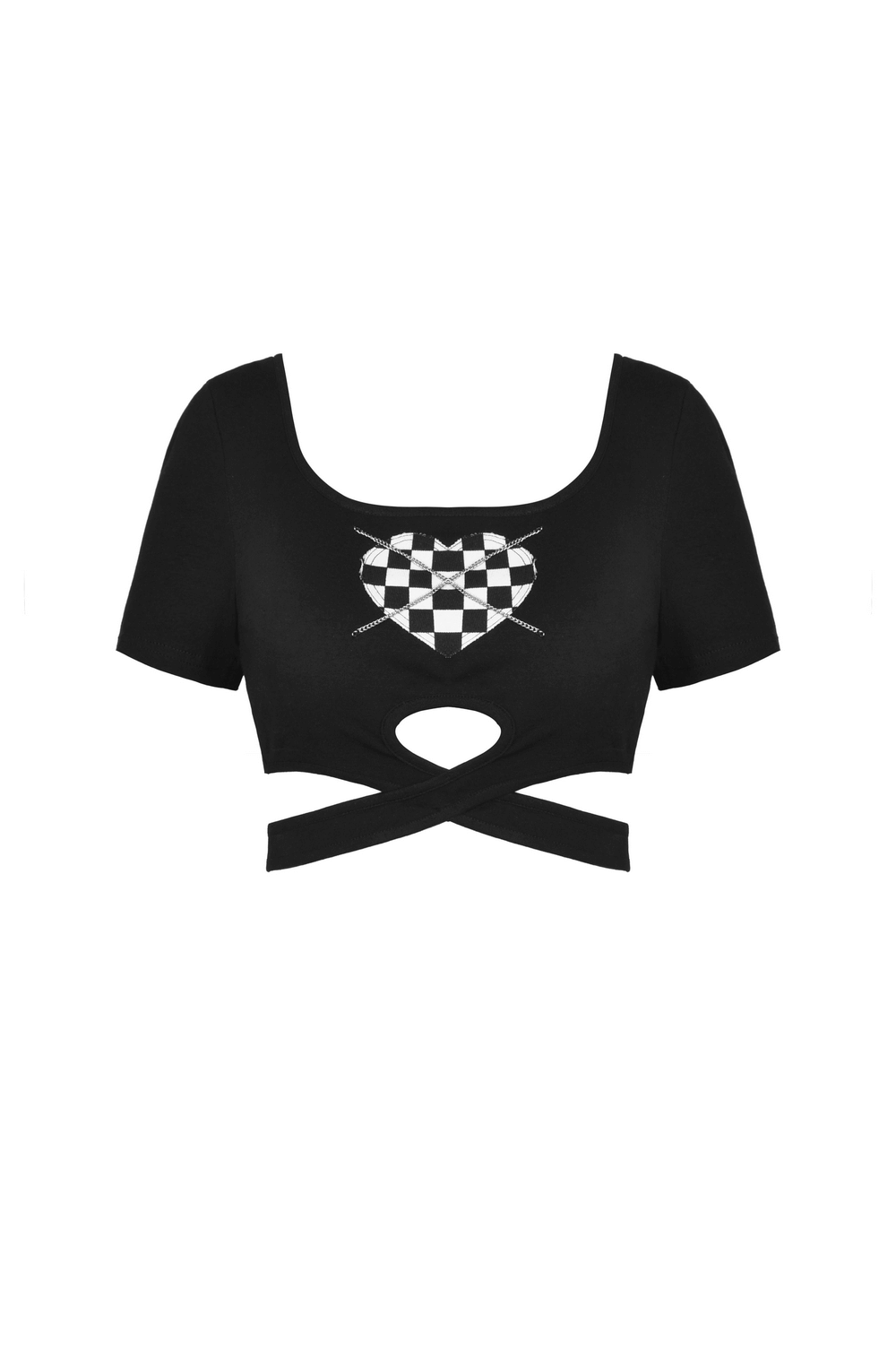 Punk rock black heart checkered crop top with cross waist detailing, perfect for edgy styles and layering.