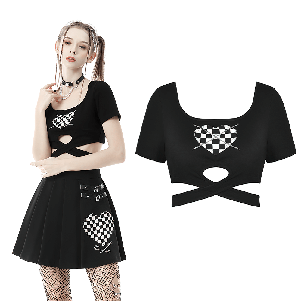 Punk rock black heart checkered crop top with cross waist and chain detail for edgy style.