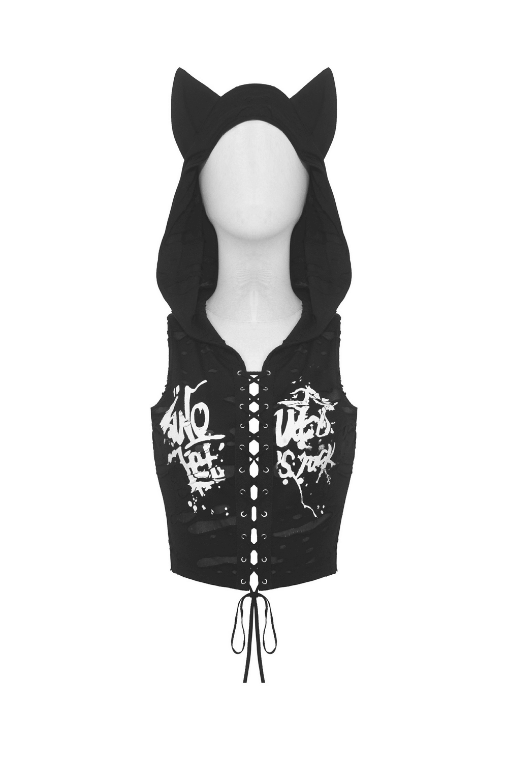Edgy black crop top with cat ear hood and lace-up front, perfect for punk rock fashion lovers.