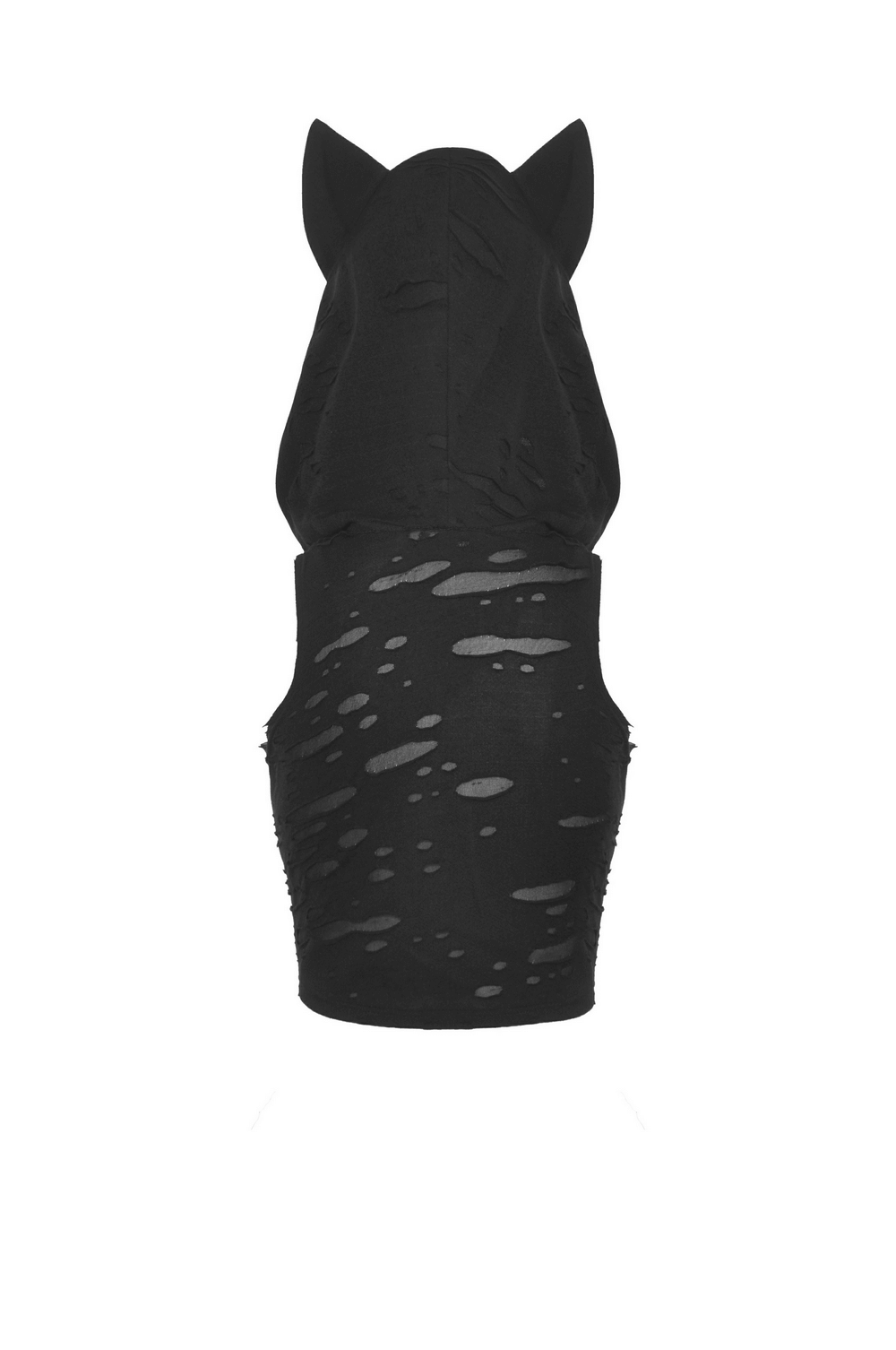 Back view of a punk rock black lace-up crop top with cat ears and edgy distressed design.