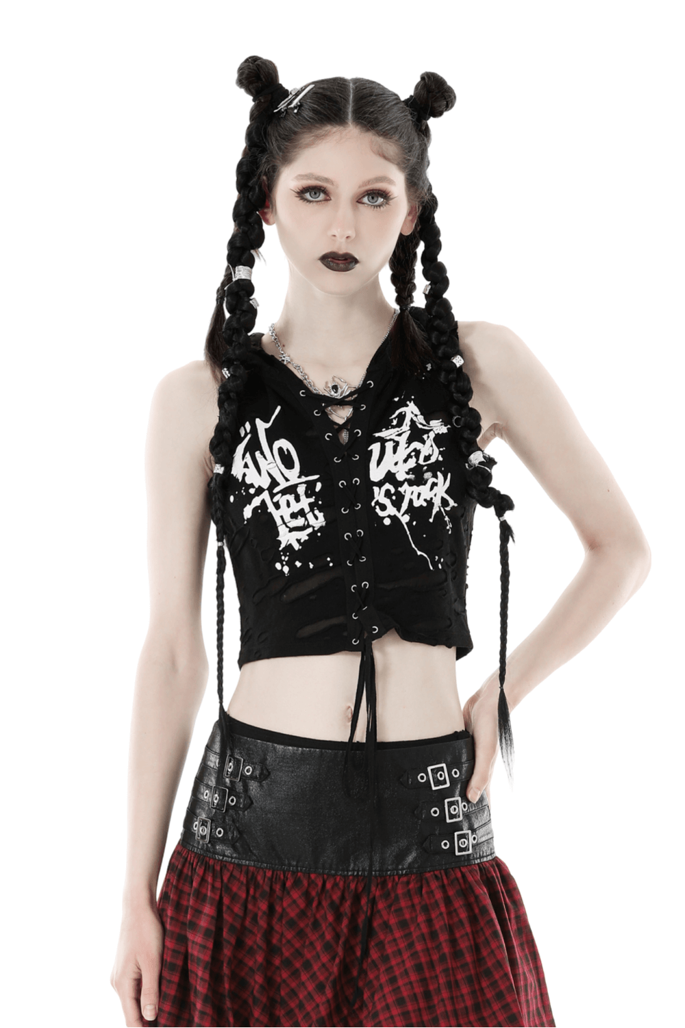 Edgy black lace-up crop top with playful cat ears, perfect for punk rock style and individuality.