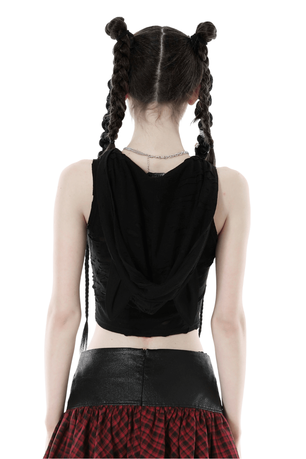 Back view of a stylish black lace-up crop top with a hood and playful cat ears.