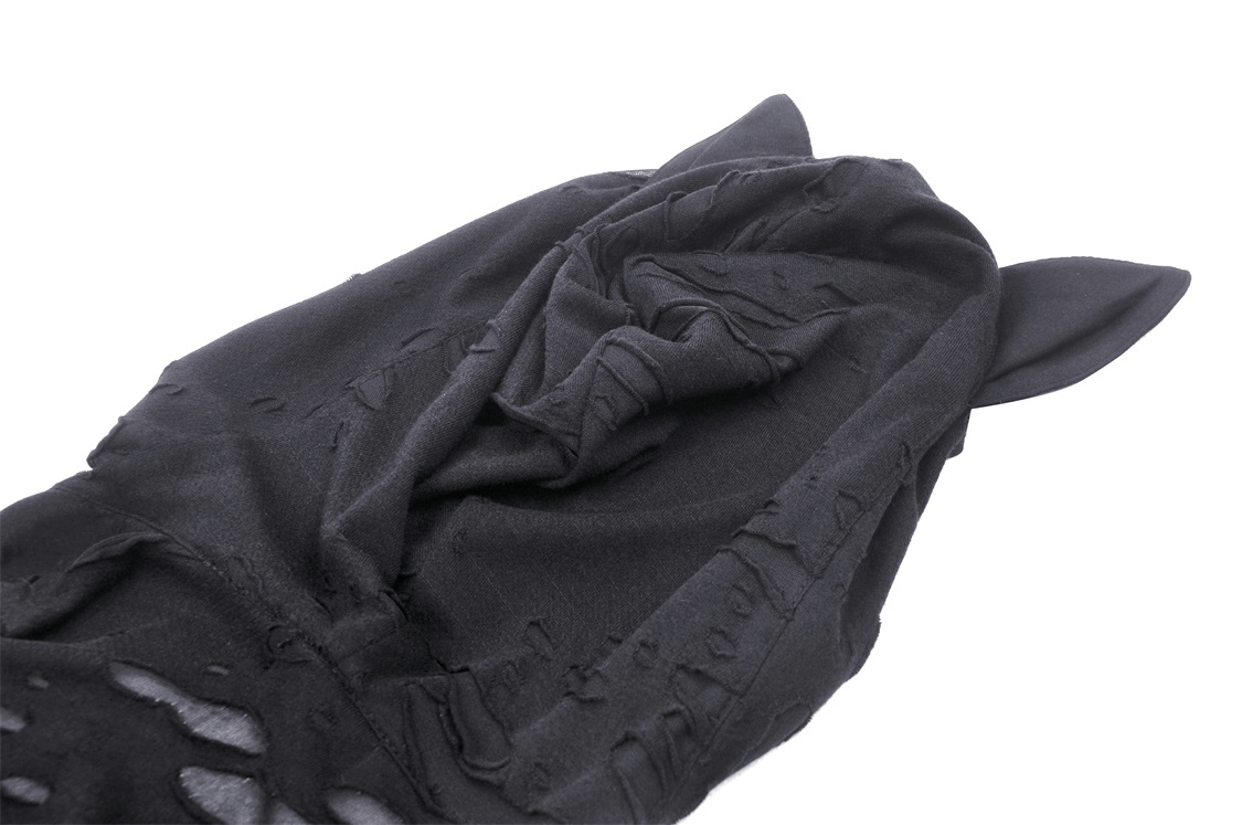 Edgy black lace-up crop top with playful cat ears and cozy hood design.