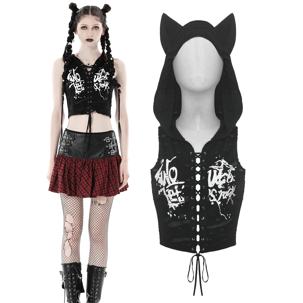 Punk Rock Black Lace-Up Cat Ear Crop Top - Unique Style