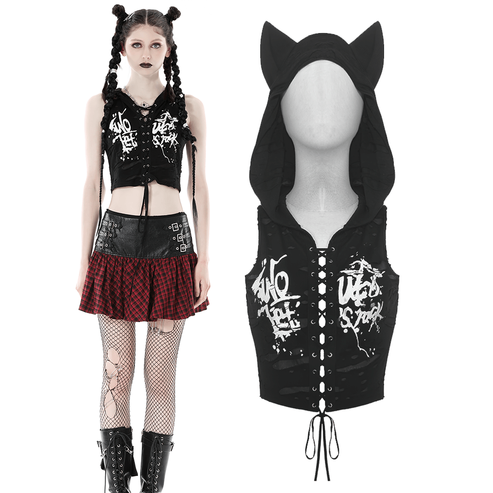 Edgy black lace-up crop top with playful cat ears and hood, perfect for punk rock fashion lovers.