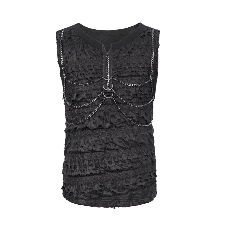 Men's black sleeveless punk rock tank top with unique textured design and chain details.