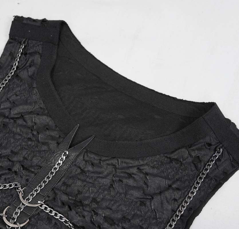 Black sleeveless punk rock tank top with chains and unique textured design.