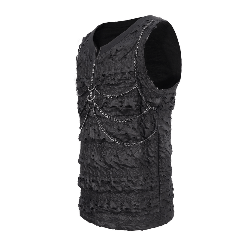 Black sleeveless punk rock tank top for men with chain detail and unique broken hole design.