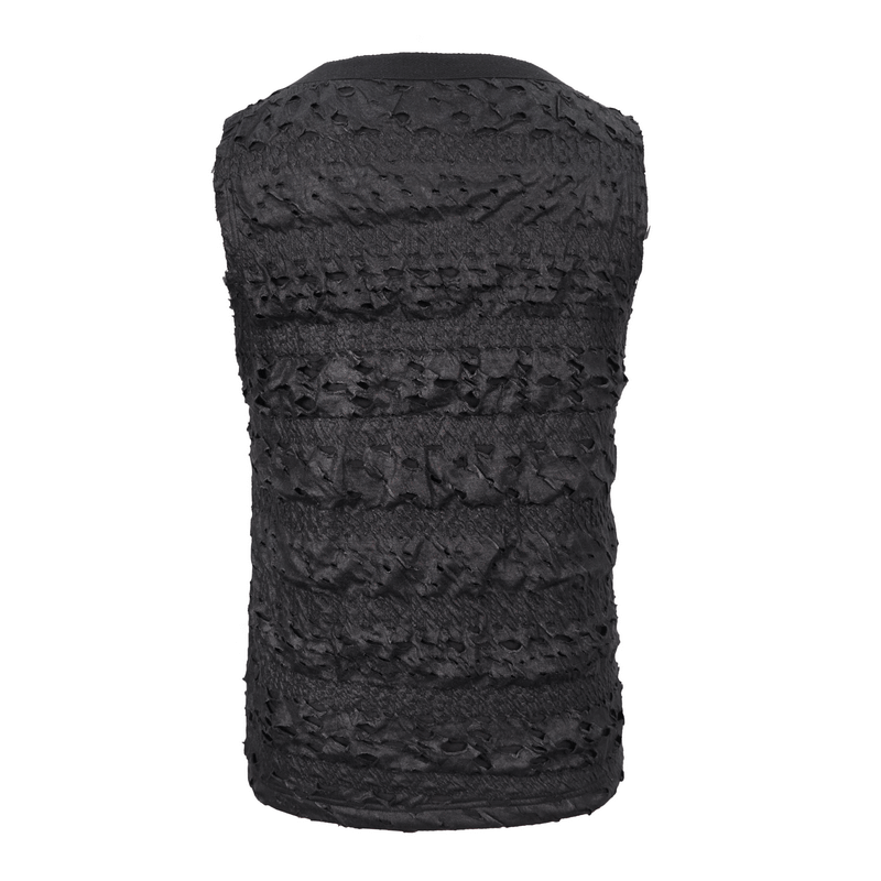 Back view of a black men's sleeveless punk rock tank top with broken hole design, showcasing its trendy style.