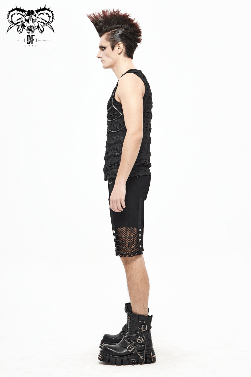 Men's punk rock sleeveless black tank top with creative design and stylish broken holes.