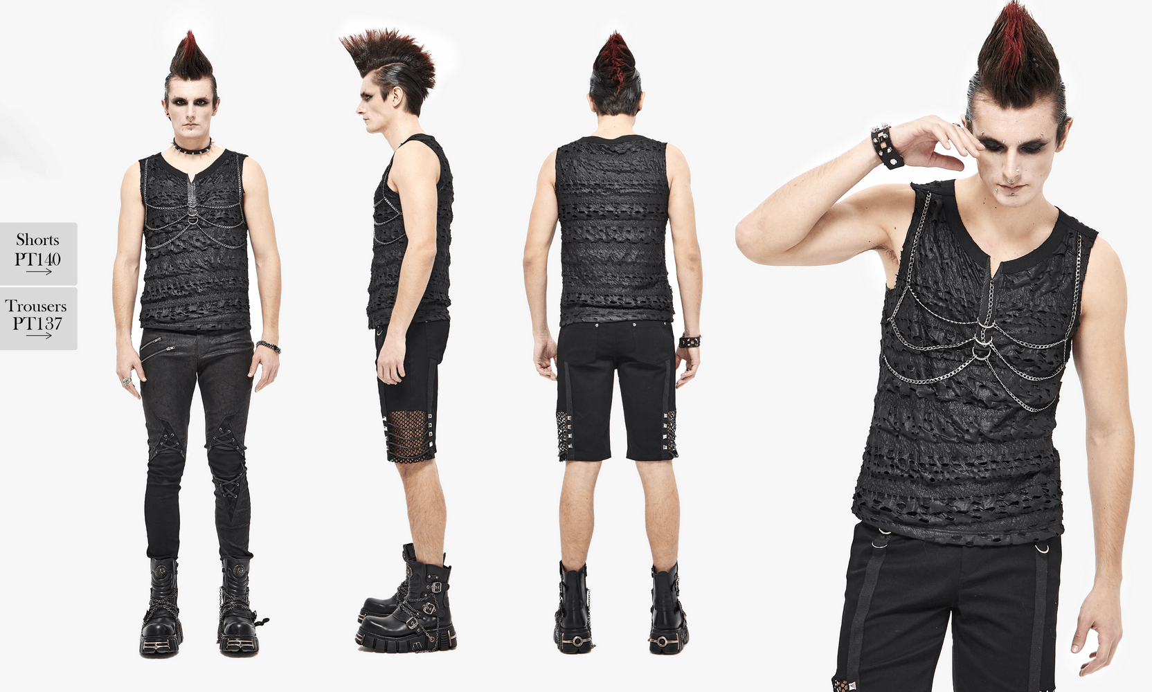 Black sleeveless punk rock tank top for men featuring chains and broken holes, paired with edgy black pants and boots.
