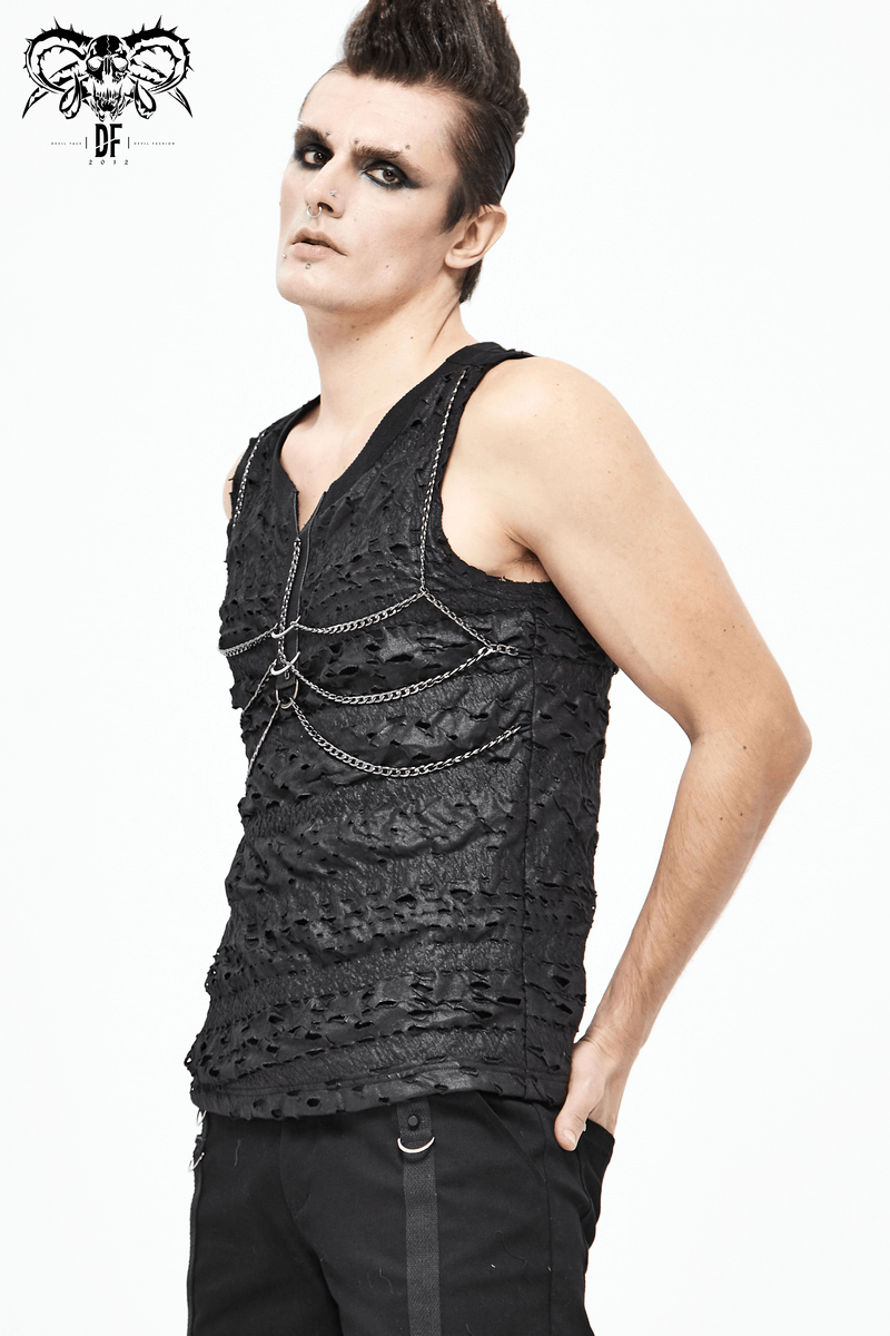 Stylish black sleeveless punk rock tank top with chain detail for men, showcasing a unique shredded design.