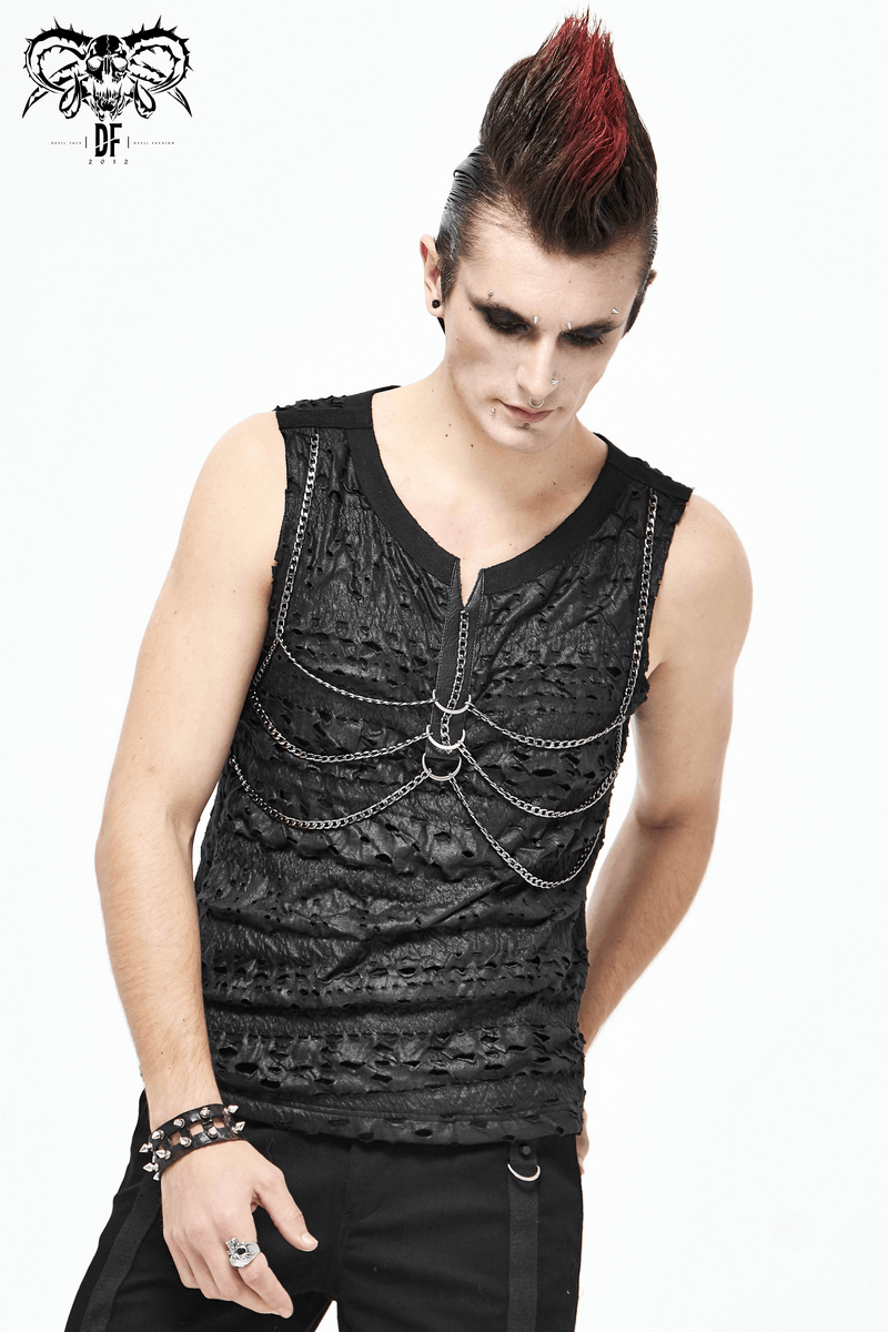Men's punk rock sleeveless black tank top with chain detailing and broken holes, showcasing a trendy and edgy fashion style.