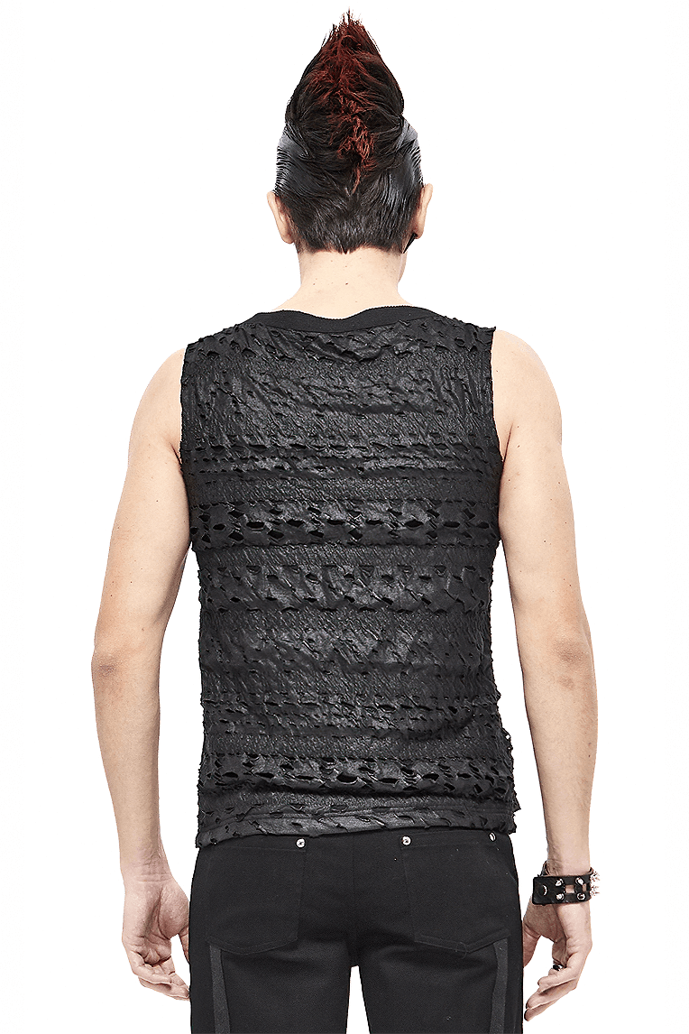 Punk Rock Chain Sleeveless Tank Tops / Black Men's Top with Broken Holes - HARD'N'HEAVY