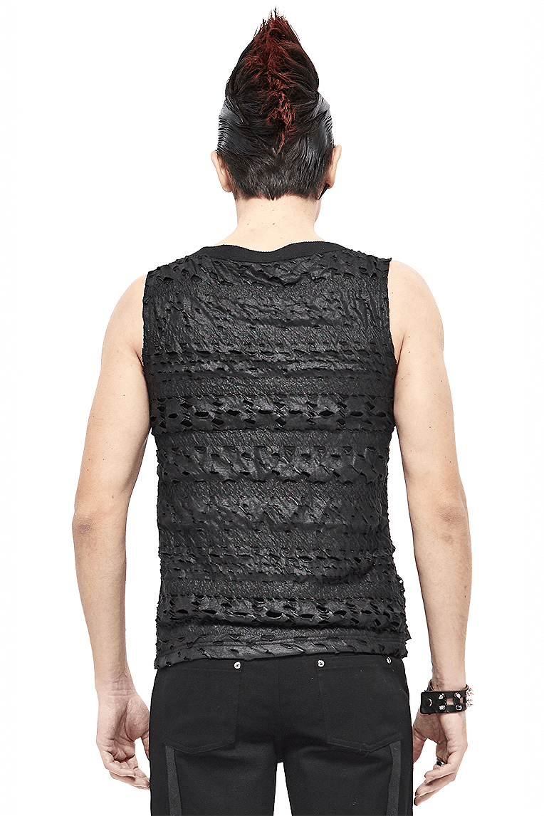 Men's black sleeveless punk rock tank top with broken holes, showcasing a stylish back view.