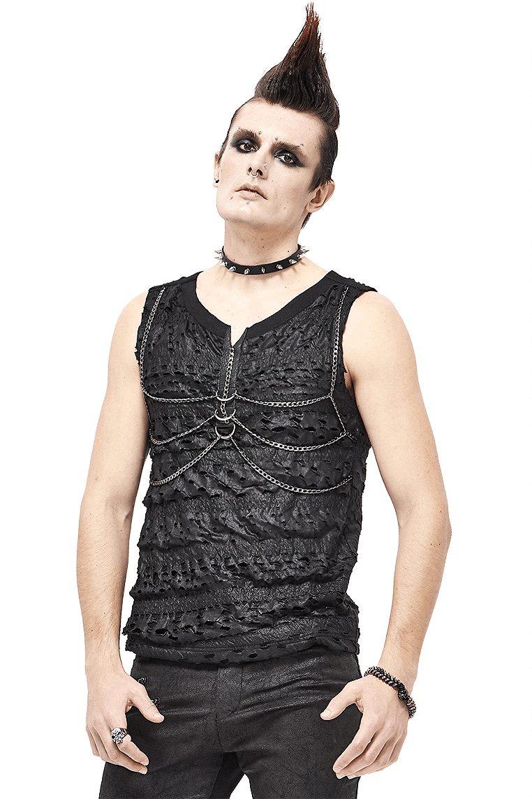Men's punk rock sleeveless tank top in black with unique chain design and stylish rips.