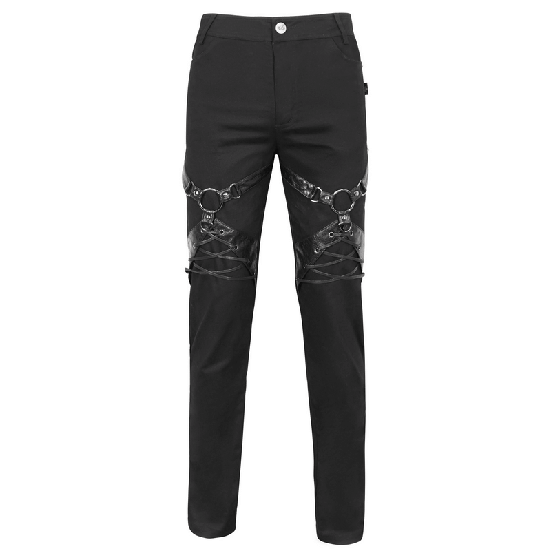 Men's punk rock fitted pants featuring stylish leather harness and zipper pockets in sleek black fabric.