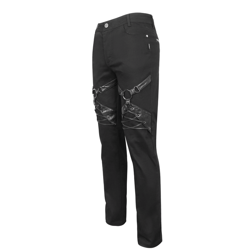 Men's black punk rock fitted pants with leather harness and zipper pockets for a bold style.