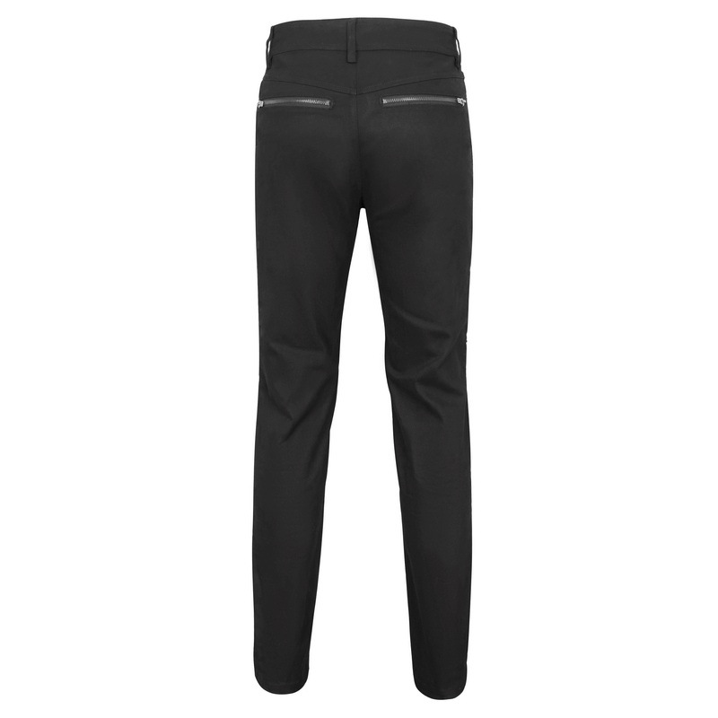 Men's black fitted pants with zipper pockets and leather harness, showcasing a stylish punk rock aesthetic.