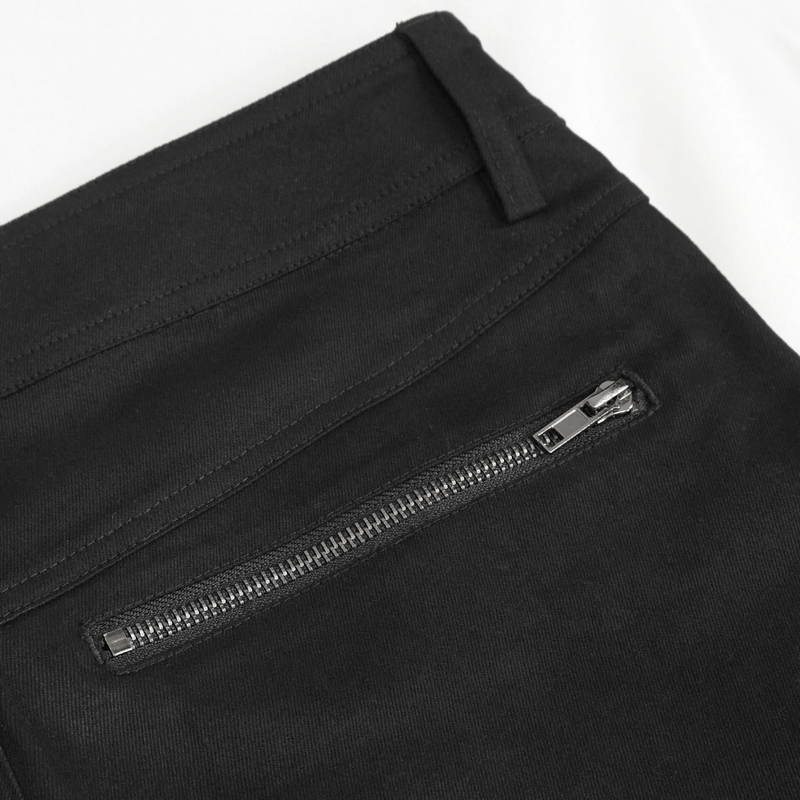 Close-up of men's black punk rock fitted pants featuring stylish zipper pocket.