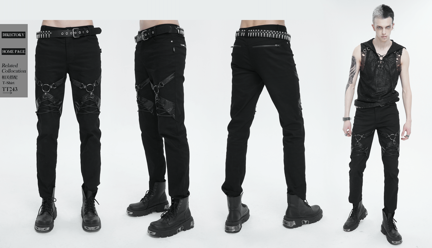 Men's punk rock fitted pants with leather harness and zipper pockets in stylish black design.