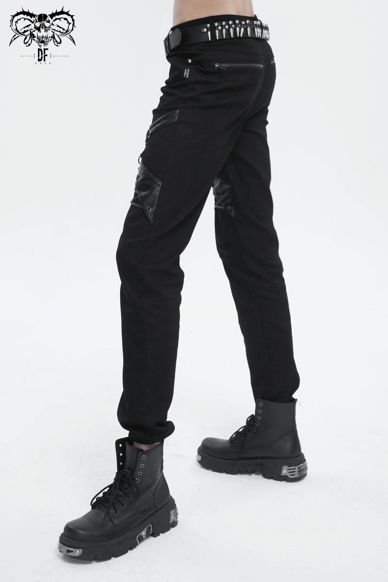 Men's fitted punk rock pants with leather harness, sleek black fabric, zipper pockets, and stylish boots.