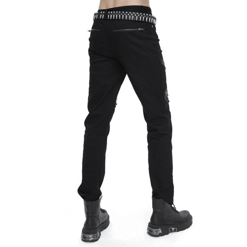 Punk Rock Fitted Pants With Leather Harness / Men's Black Trousers with Zipper Pockets - HARD'N'HEAVY