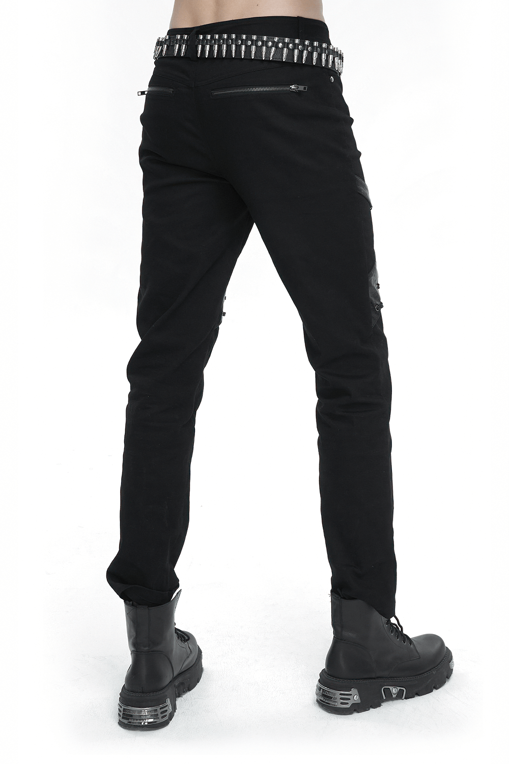 Men's punk rock fitted pants with leather harness, stylish black trousers with zipper pockets and studded waist.