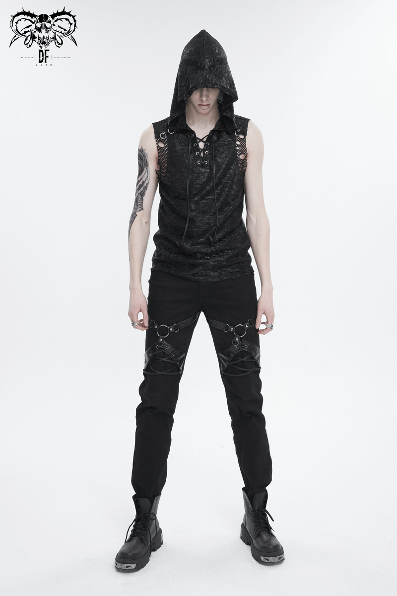 Punk Rock Fitted Pants With Leather Harness / Men's Black Trousers with Zipper Pockets - HARD'N'HEAVY