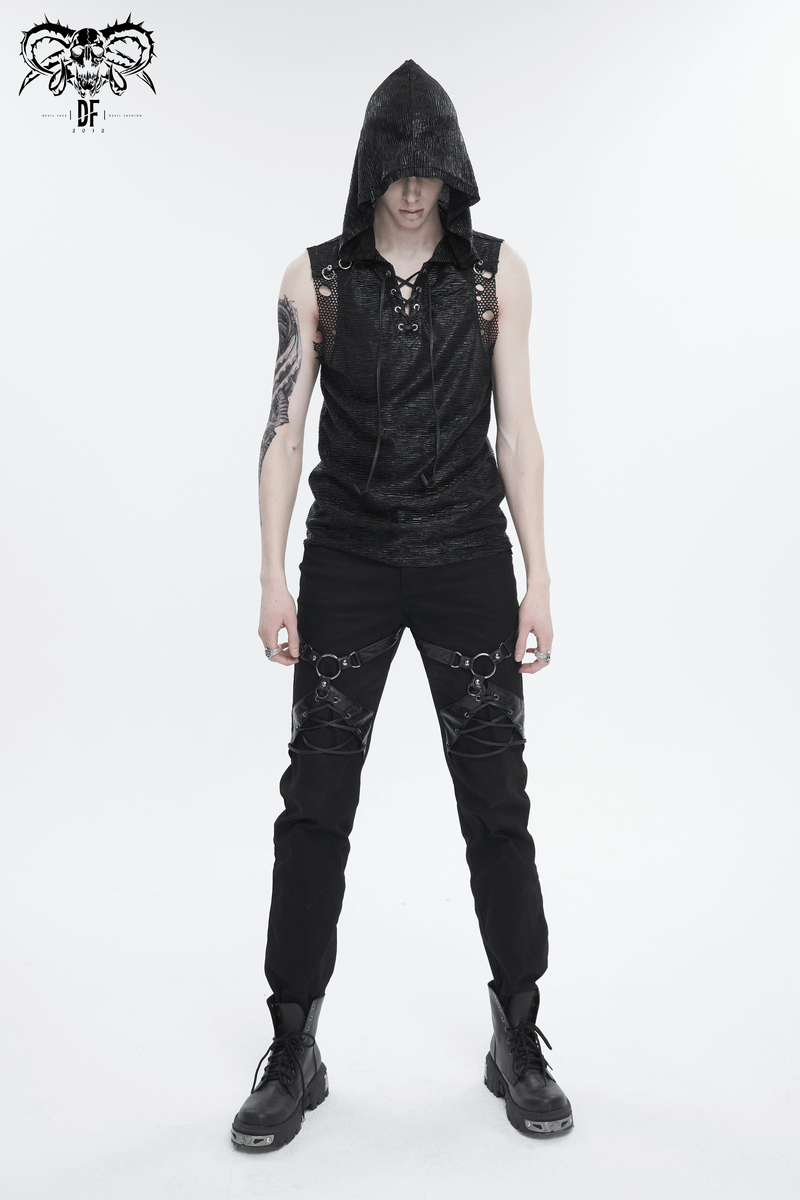 Men's punk rock fitted pants with leather harness and zipper pockets, styled with a hooded top and edgy accessories.