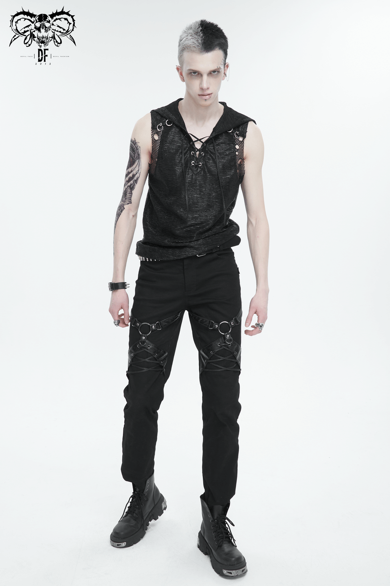 Men's punk rock fitted pants with leather harness, bold and edgy style featuring zipper pockets.
