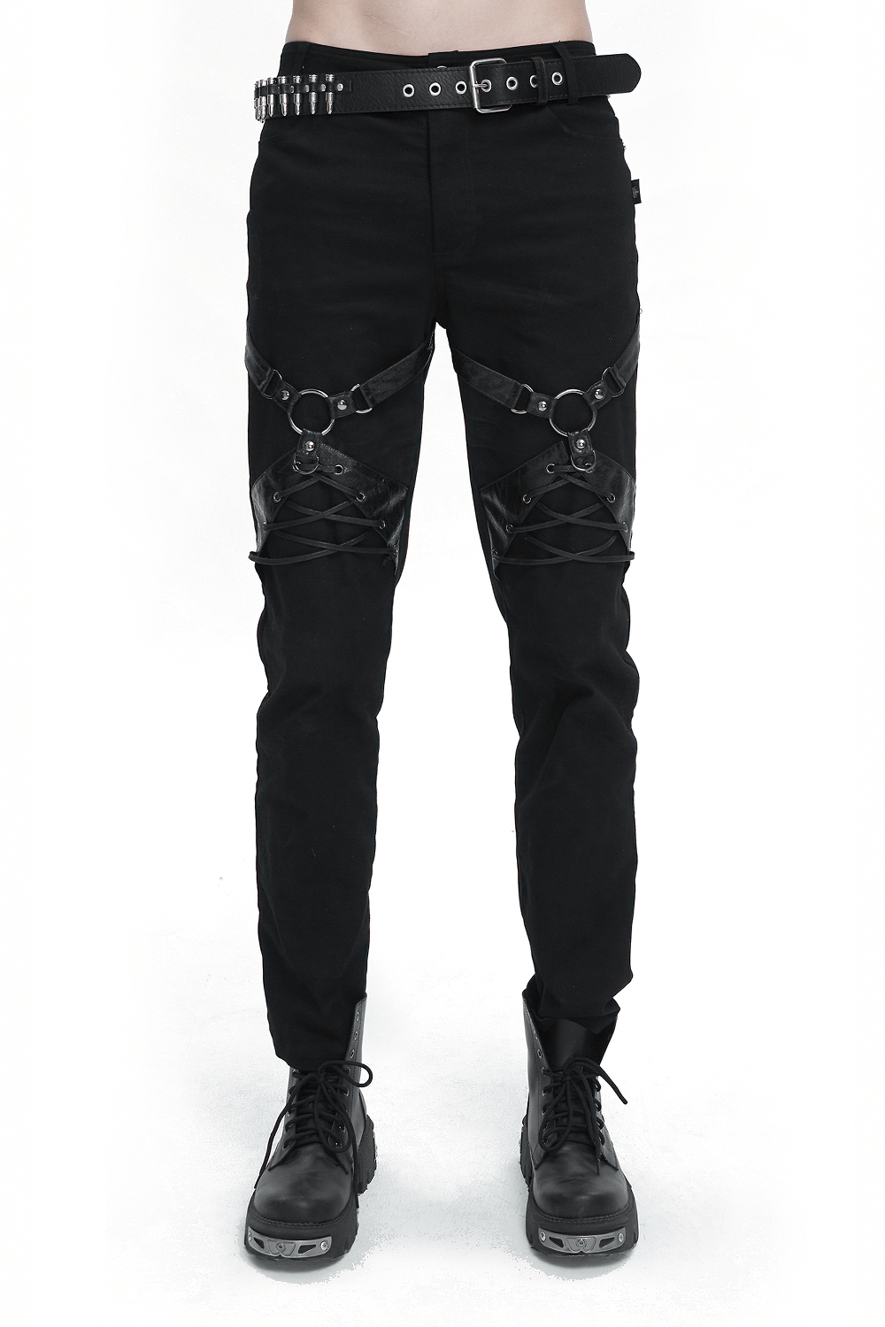 Men's punk rock fitted pants with leather harness and zipper pockets, merging bold style and rebellious attitude.