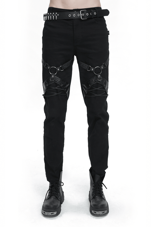 Pantalon ajusté Punk Rock avec harnais en cuir / Pantalon noir pour homme avec poches zippées