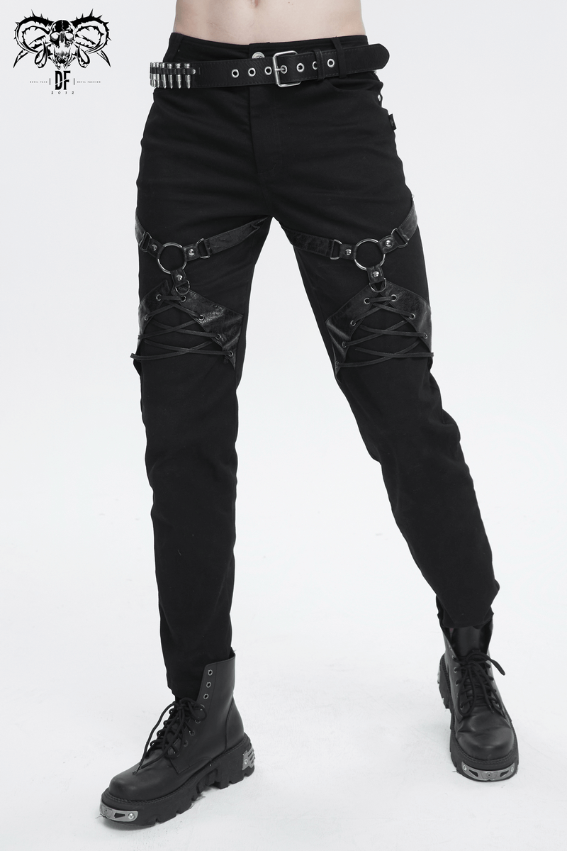 Men's punk rock fitted pants in black with leather harness and zipper pockets for a bold, edgy look.
