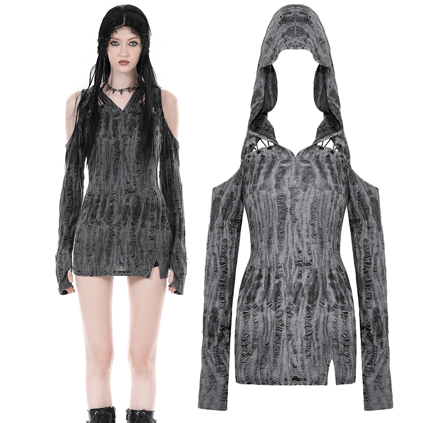 Edgy punk rock long-sleeve off-shoulder hoodie in gray with asymmetrical cut and ripped neckline.